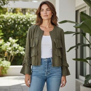 INC International Concepts Women’s Ruffled Linen Jacket olive green size small
